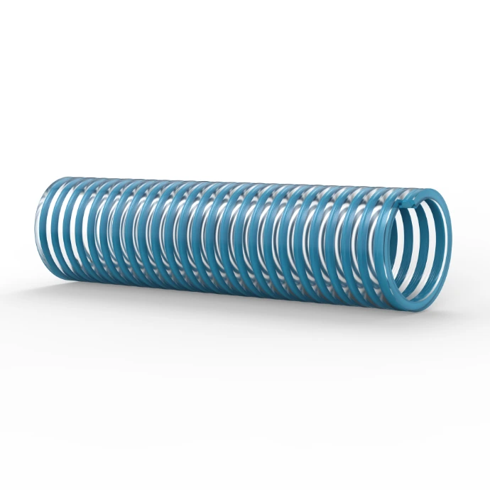 Doorzichtige slang met blauwe spiralen die geschikt zijn voor aanzuig en afvoer van pompen.